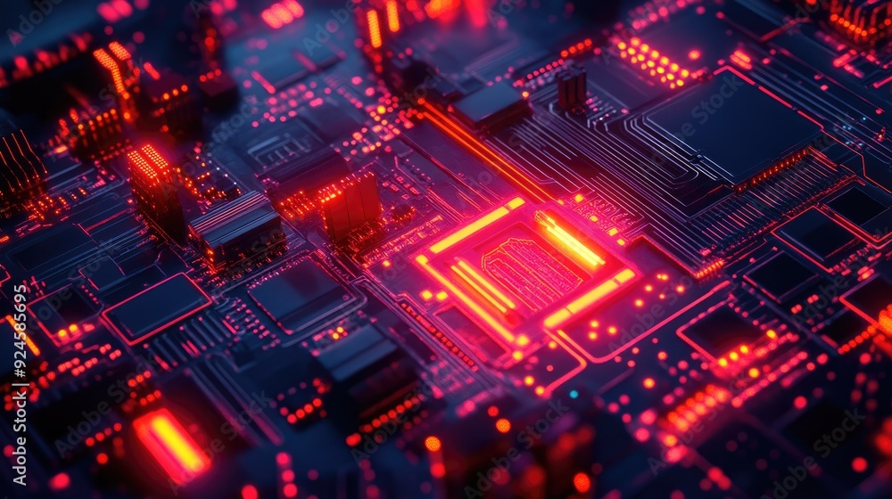 Abstract top view of a glowing circuit with ample copy space on the left side. Abstract top view of a glowing circuit with ample copy space on the left side.