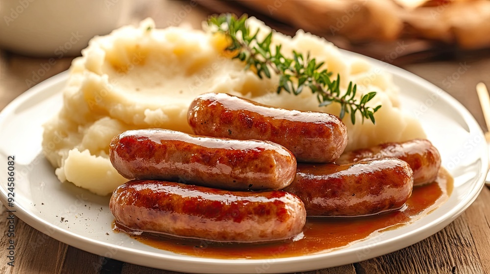 British bangers and mash with sausages and mashed potatoes on a white plate. British bangers and mash with sausages and mashed potatoes on a white plate.