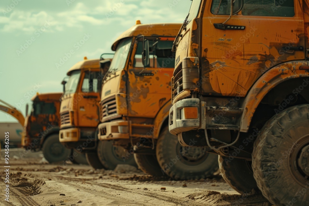 A row of yellow dump trucks parked side by side, ready for work or transportation A row of yellow dump trucks parked side by side, ready for work or transportation