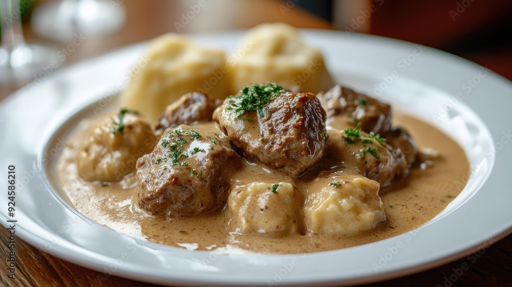 Czech with beef, creamy sauce, and dumplings on a white plate. Czech with beef, creamy sauce, and dumplings on a white plate.