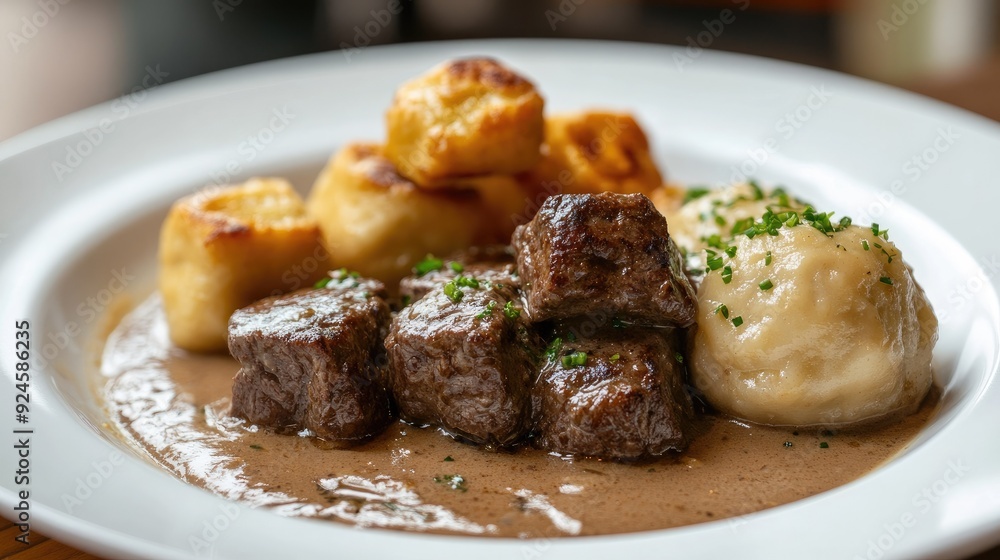 Czech with beef, creamy sauce, and dumplings on a white plate. Czech with beef, creamy sauce, and dumplings on a white plate.