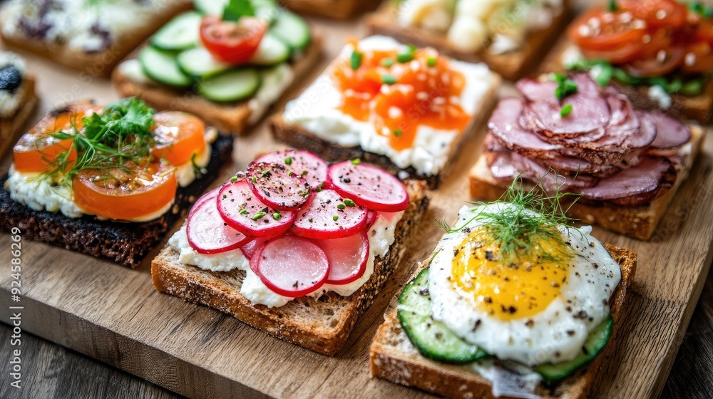 Danish open-faced sandwiches with various toppings on a wooden board. Danish open-faced sandwiches with various toppings on a wooden board.