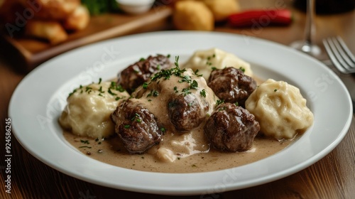 Czech with beef, creamy sauce, and dumplings on a white plate.