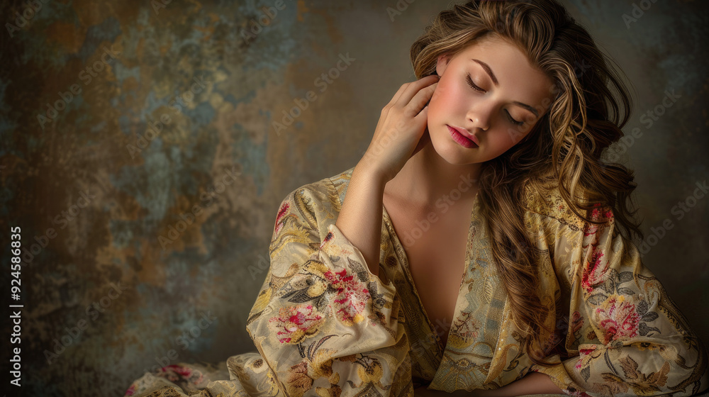 A woman is sitting in a floral dress and looking at the camera A woman is sitting in a floral dress and looking at the camera
