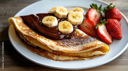 French with Nutella, bananas, and strawberries on a white plate