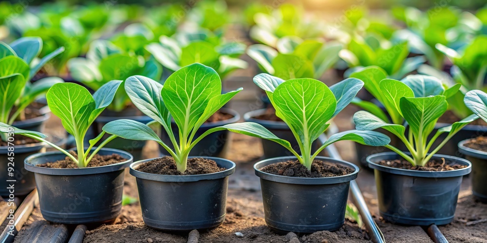 Freshly grown cabbage seedlings with lush green leaves and sturdy stems sit in small pots, ready to be transplanted to an open field or garden. Freshly grown cabbage seedlings with lush green leaves and sturdy stems sit in small pots, ready to be transplanted to an open field or garden.