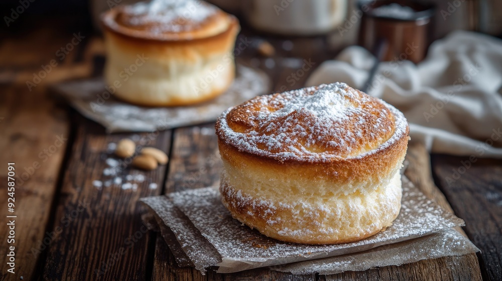 French souff with powdered sugar on a rustic wooden table. French souff with powdered sugar on a rustic wooden table.