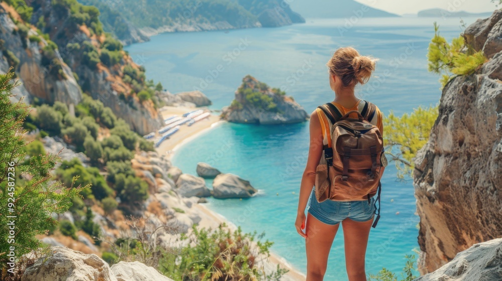 Naklejka premium A person standing at the edge of a mountain overlooking the ocean, suitable for use in outdoor adventure or travel imagery