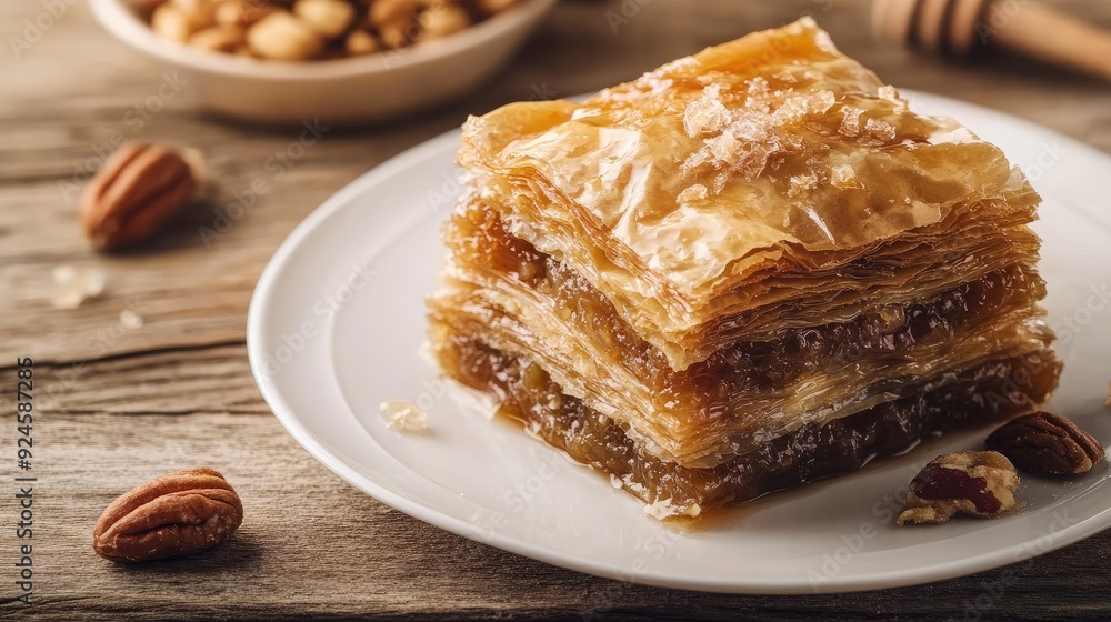 Greek baklava dessert with layers of phyllo dough, nuts, and honey syrup. Greek baklava dessert with layers of phyllo dough, nuts, and honey syrup.