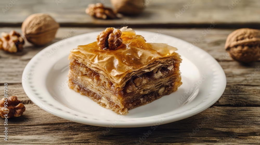 Greek baklava dessert with layers of phyllo dough, nuts, and honey syrup. Greek baklava dessert with layers of phyllo dough, nuts, and honey syrup.