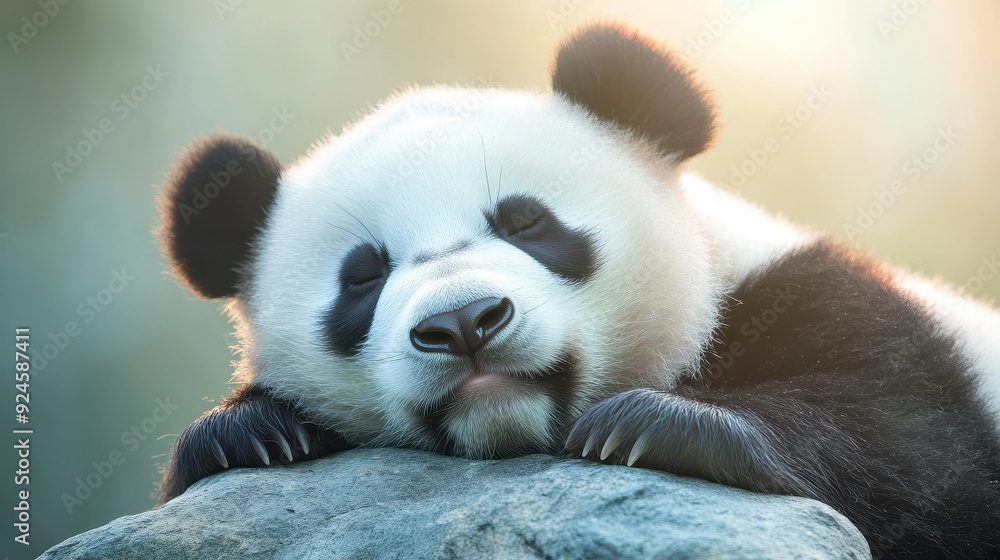 Fototapeta premium A panda bear is sleeping on a rock