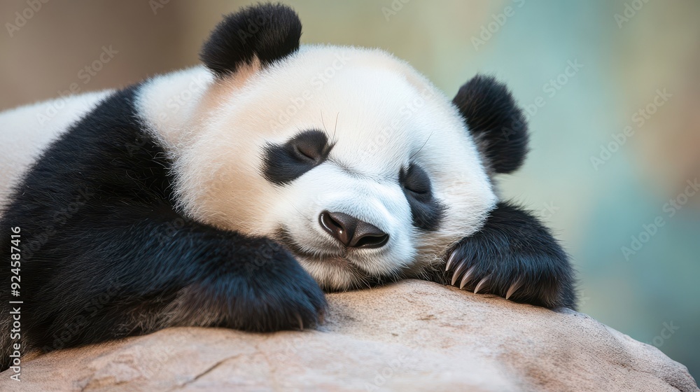 A panda bear is sleeping on a rock A panda bear is sleeping on a rock