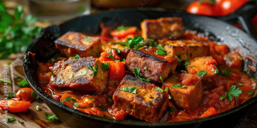 A skillet containing a tangy tomato sauce with plant based tofu sausages A skillet containing a tangy tomato sauce with plant based tofu sausages