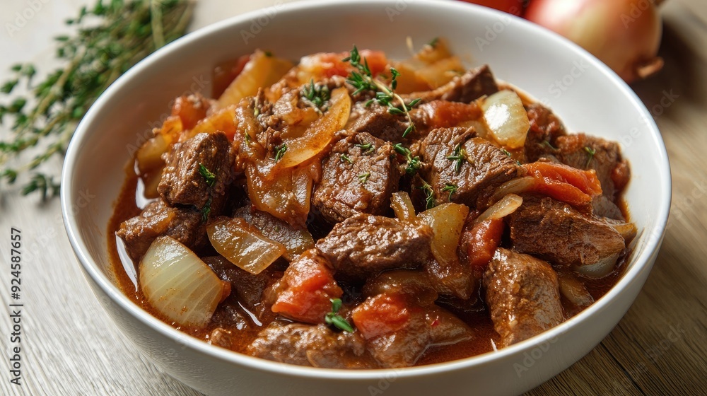 Greek stifado beef stew with onions and tomatoes in a white bowl. Greek stifado beef stew with onions and tomatoes in a white bowl.