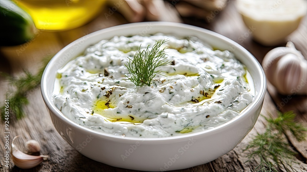 Greek tzatziki dip with cucumber and garlic in a white bowl Greek tzatziki dip with cucumber and garlic in a white bowl