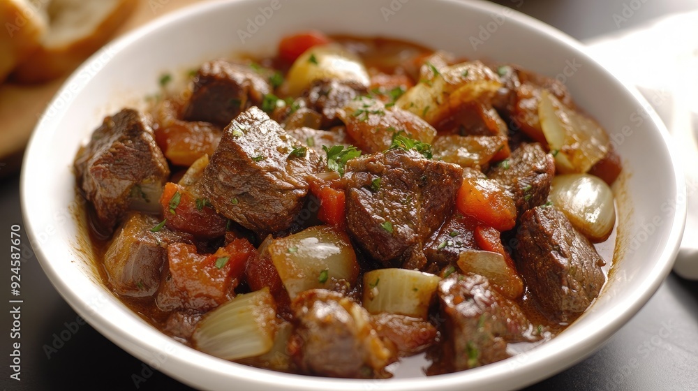 Greek stifado beef stew with onions and tomatoes in a white bowl. Greek stifado beef stew with onions and tomatoes in a white bowl.