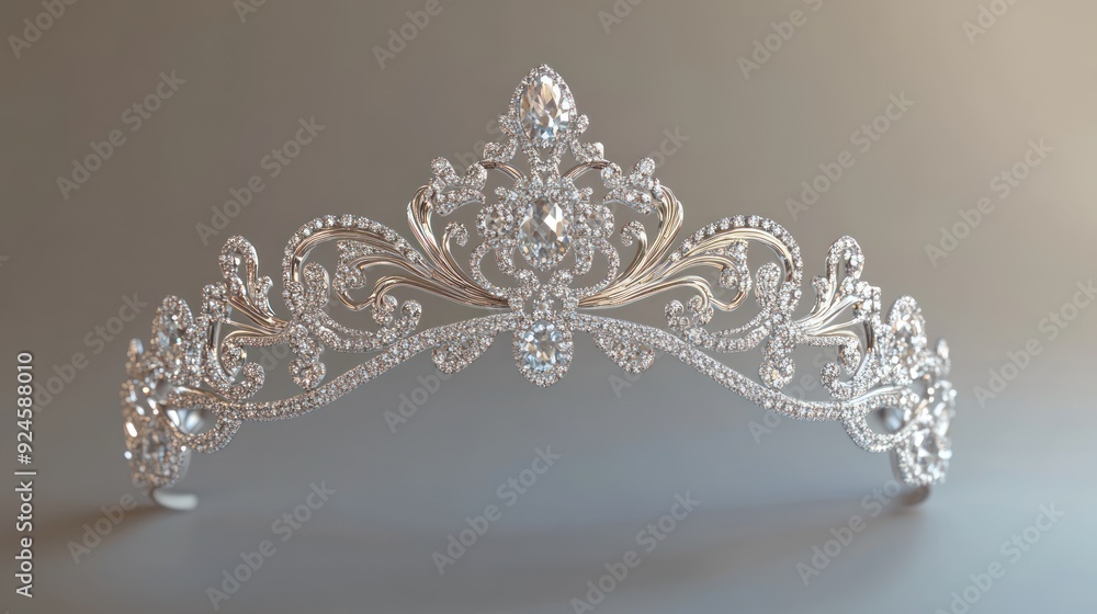 Diamond-Encrusted Silver Tiara with Ornate Floral Design Diamond-Encrusted Silver Tiara with Ornate Floral Design