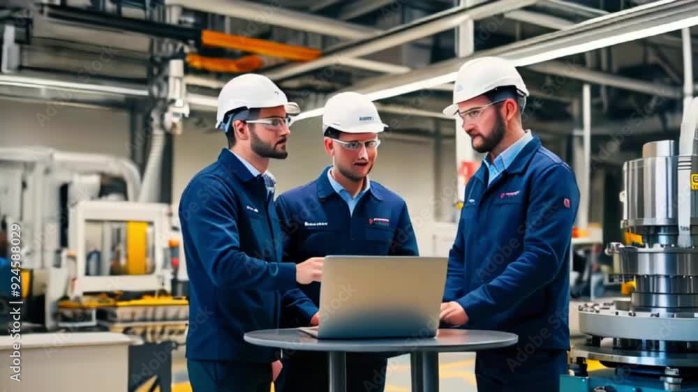 Three engineers wearing hard hats and safety glasses are discussing work on a laptop in an industrial setting. Three engineers wearing hard hats and safety glasses are discussing work on a laptop in an industrial setting.