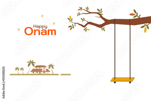 Illustration of a swing hanging on a tree in the outdoor. Concept for Onam festival