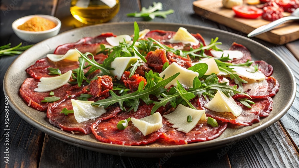 Freshly sliced beef carpaccio garnished with crispy Borettane onions, sun-dried tomatoes, and arugula, served with truffle dressing and shaved parmesan cheese on a modern plate. Freshly sliced beef carpaccio garnished with crispy Borettane onions, sun-dried tomatoes, and arugula, served with truffle dressing and shaved parmesan cheese on a modern plate.