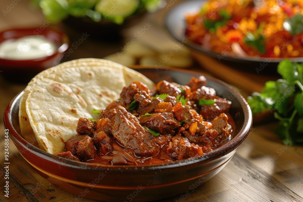 A delicious serving of beef stew with tortillas, garnished with herbs. A delicious serving of beef stew with tortillas, garnished with herbs.