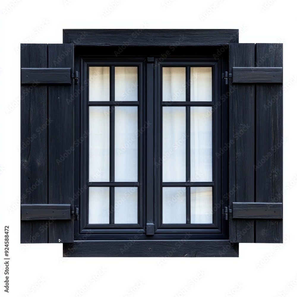Obraz premium Sleek Black Wooden Window Solitary against a White Background, a Minimalist Art Statement on Simplicity and Elegance. Modern Architectural Aesthetics.