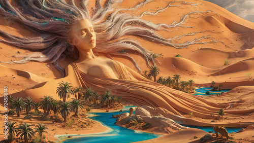  Surreal female figure blending with desert landscape, long flowing hair transforming into oasis, sandy dunes, lush palm trees, and winding blue river in a surreal, dreamlike environment photo