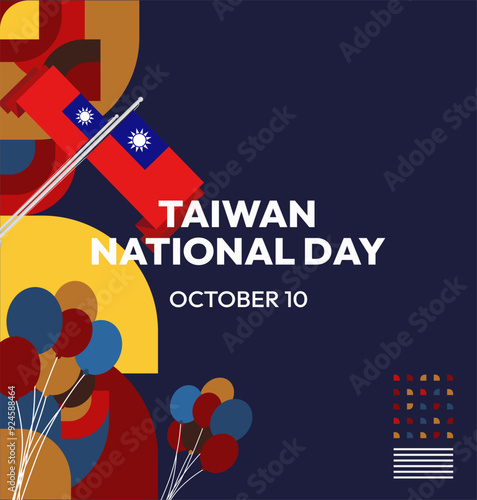 Taiwan National Day banner in modern geometric style. Square greeting card cover with country flag. Double Ten Day October 10th as Taiwan national holiday. Happy National Day of the Republic of China