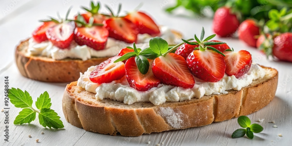 Freshly toasted bread topped with creamy ricotta cheese, sweet chopped strawberries, and a sprinkle of greenery, beautifully presented on a clean white background. Freshly toasted bread topped with creamy ricotta cheese, sweet chopped strawberries, and a sprinkle of greenery, beautifully presented on a clean white background.