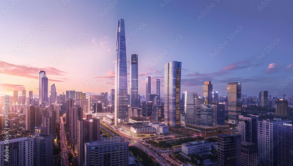 Fototapeta premium Aerial View of Modern Skyscrapers at Sunset