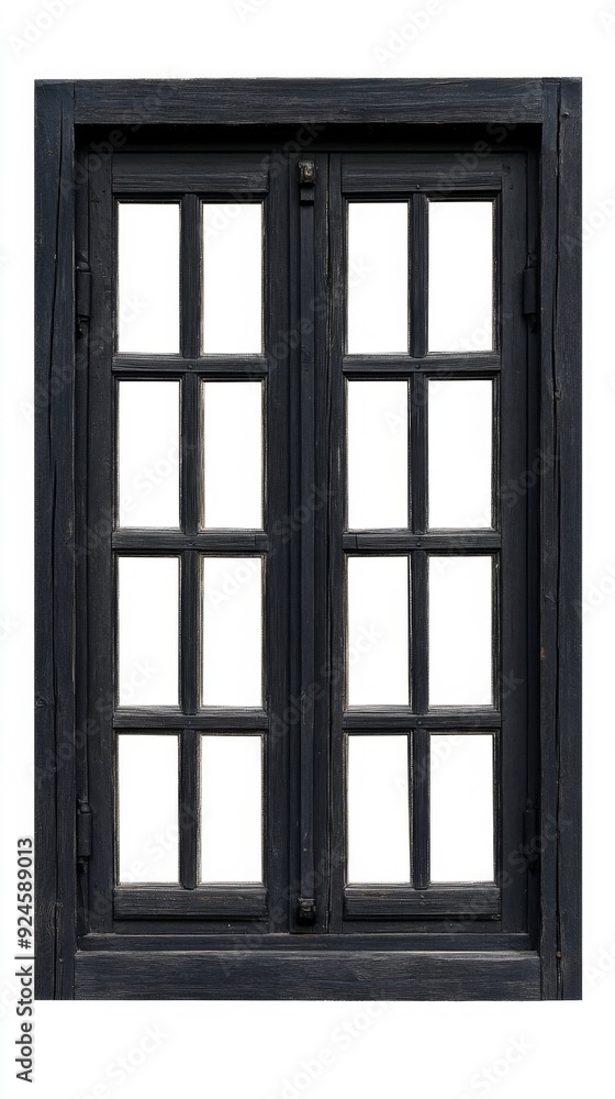 Fototapeta premium Sleek Black Wooden Window Solitary against a White Background, a Minimalist Art Statement on Simplicity and Elegance. Modern Architectural Aesthetics.