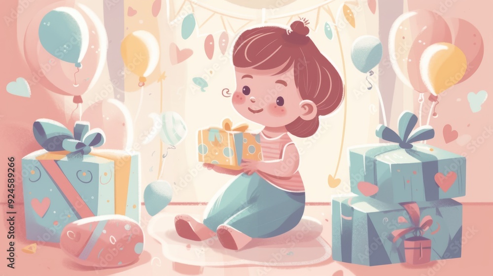 A girl is sitting in front of a pile of presents, holding a gift A girl is sitting in front of a pile of presents, holding a gift