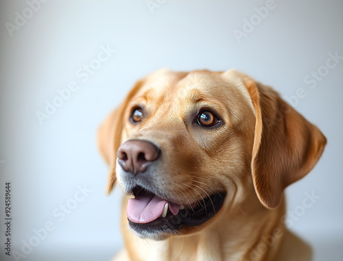 Labrador dog beautiful well-groomed healthy lies on a gray background with copyspace