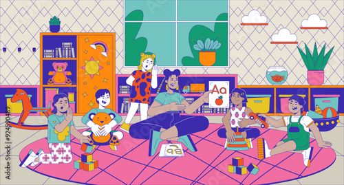 Smiling teacher playing with little children in kindergarten cartoon flat illustration. Woman teaching toddlers in daycare 2D characters colorful background. Nursery scene vector storytelling image