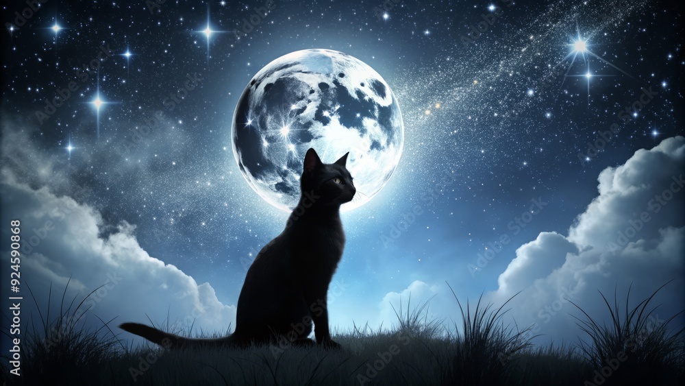 Mysterious black cat's silhouette stands out against a dark, moonlit night sky with twinkling stars, evoking an air of magic and secrecy. Mysterious black cat's silhouette stands out against a dark, moonlit night sky with twinkling stars, evoking an air of magic and secrecy.