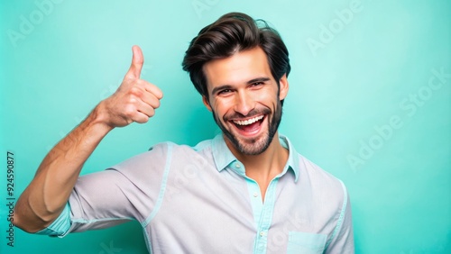 Happy male model shows off carefree attitude, flashing a bright smile and making a relaxed hang loose gesture against a soft, calming pastel background. photo