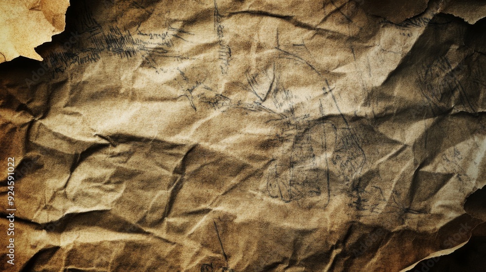 Crumpled brown paper with faded ink sketch. Crumpled brown paper with faded ink sketch.