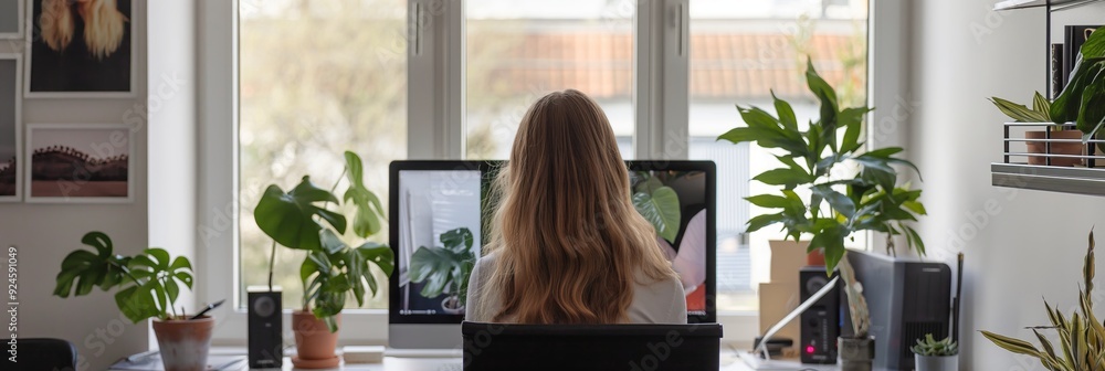 Picture featuring a person working at a home office environment, seated in front of a large computer monitor, surrounded by indoor plants and decor. Picture featuring a person working at a home office environment, seated in front of a large computer monitor, surrounded by indoor plants and decor.