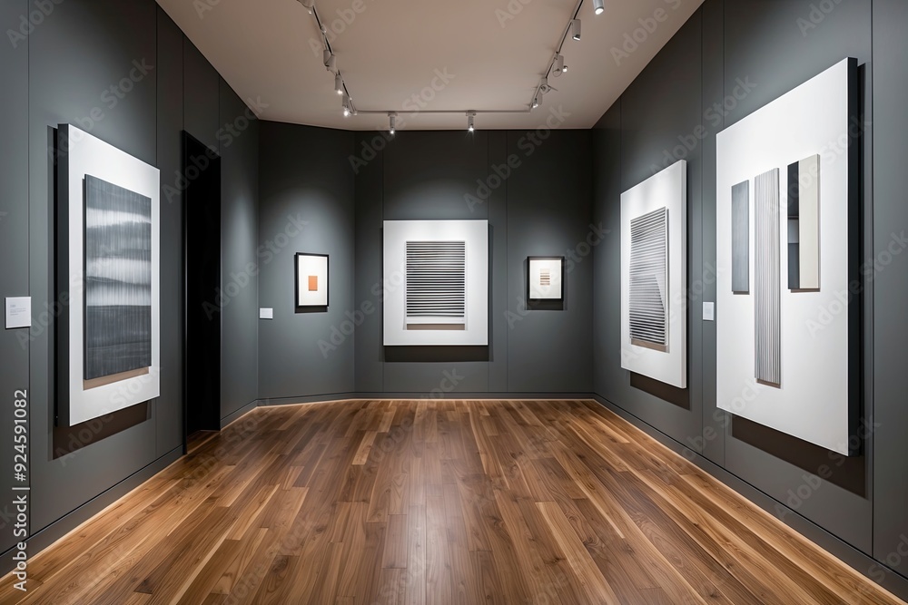 Obraz premium Modern Gallery Interior Design with Steel Grey Walls and Elegant Wooden Flooring