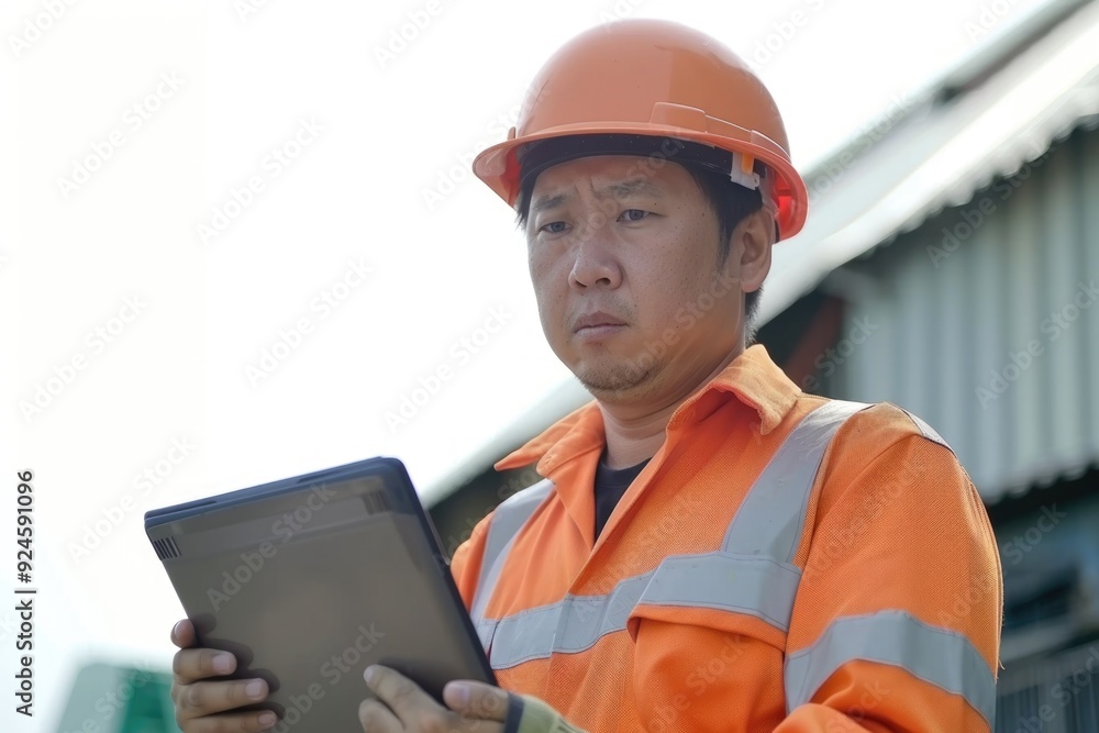 A construction worker wears a hard hat and orange jacket while holding a tablet for data entry or communication A construction worker wears a hard hat and orange jacket while holding a tablet for data entry or communication