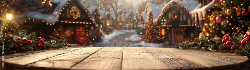 A rustic wooden podium with a natural finish, decorated with holly leaves and berries. A rustic wooden podium with a natural finish, decorated with holly leaves and berries.