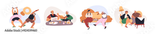 Senior people spend leisure time set. Social life of old men and women. Happy aged couples, friends play chess, do fitness exercise, painting. Flat isolated vector illustrations on white background