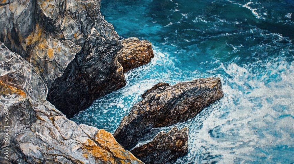 A painting depicting a rocky cliffside overlooking a turquoise ocean with white foam A painting depicting a rocky cliffside overlooking a turquoise ocean with white foam