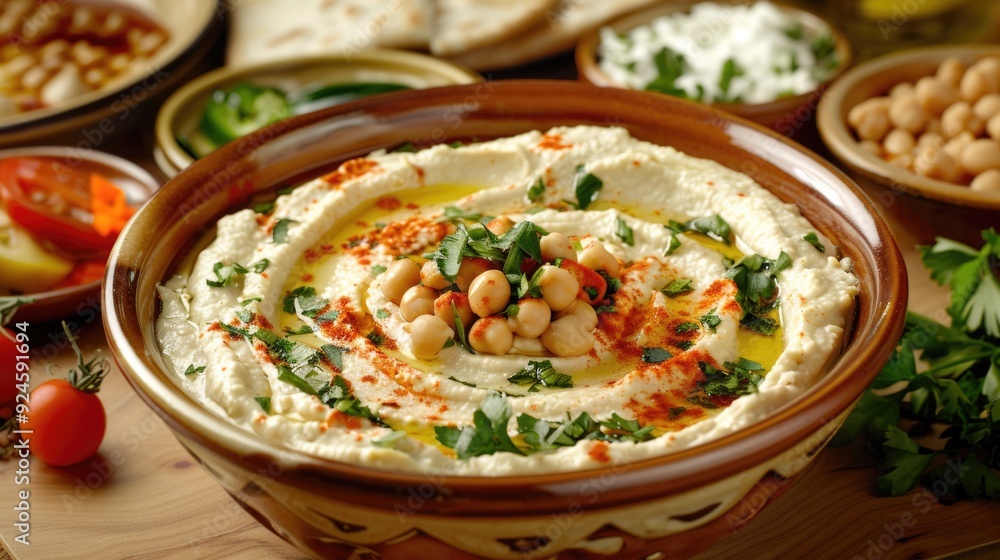 A bowl of creamy hummus served with chickpeas and tomatoes, perfect for snacking or as an appetizer A bowl of creamy hummus served with chickpeas and tomatoes, perfect for snacking or as an appetizer