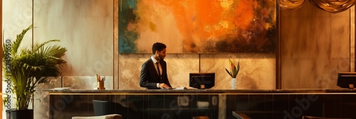 A man at a luxurious hotel reception desk with a colorful abstract painting in the background, ready to assist guests.