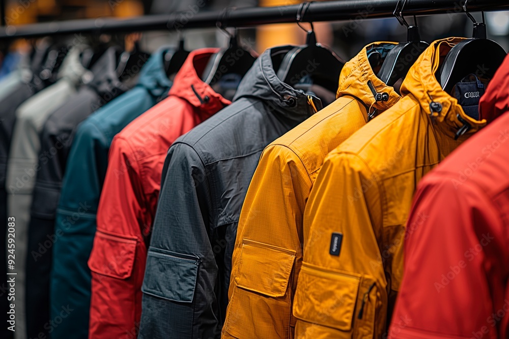 Colorful jackets displayed on hangers in a retail store, showcasing various styles and textures, copy space for text, wardrobe changing, autumnal cloth change, winter cloth change Colorful jackets displayed on hangers in a retail store, showcasing various styles and textures, copy space for text, wardrobe changing, autumnal cloth change, winter cloth change