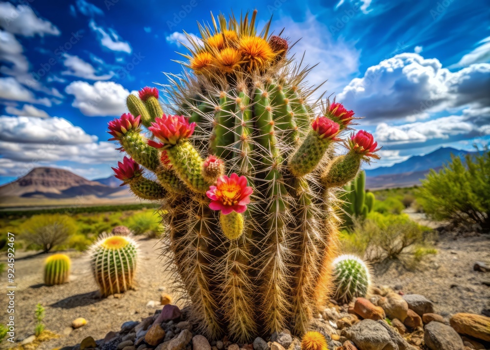 Isolated prickly cactus with vibrant flowers stands tall in arid desert landscape, showcasing its fleshy stems and branches with protective scales and sharp spines. Isolated prickly cactus with vibrant flowers stands tall in arid desert landscape, showcasing its fleshy stems and branches with protective scales and sharp spines.
