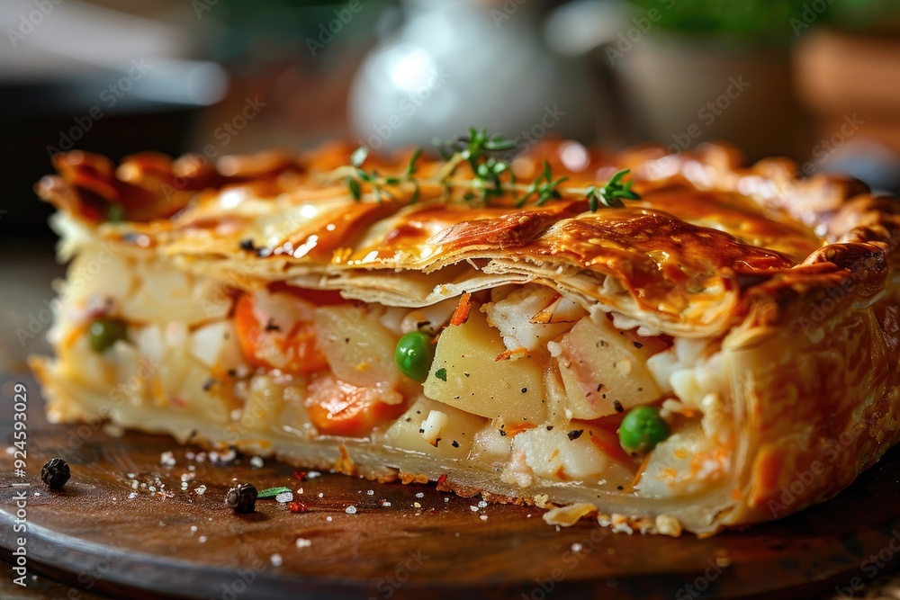 A delicious vegetable pie with a flaky crust, showcasing a hearty filling of potatoes and carrots. A delicious vegetable pie with a flaky crust, showcasing a hearty filling of potatoes and carrots.