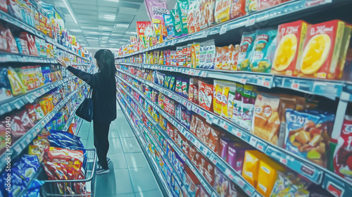 Convenience store aisle filled with colorful packaged snacks and beverages, a shopper