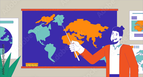 Male teacher conducting geography lesson cartoon flat illustration. Caucasian man showing world map on blackboard 2D character colorful background. School education scene vector storytelling image